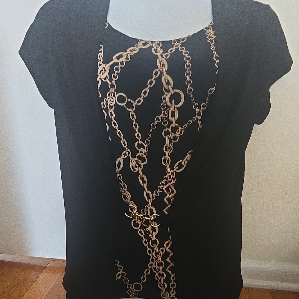 Notations Black and Gold Graphic Cap Sleeve Blouse